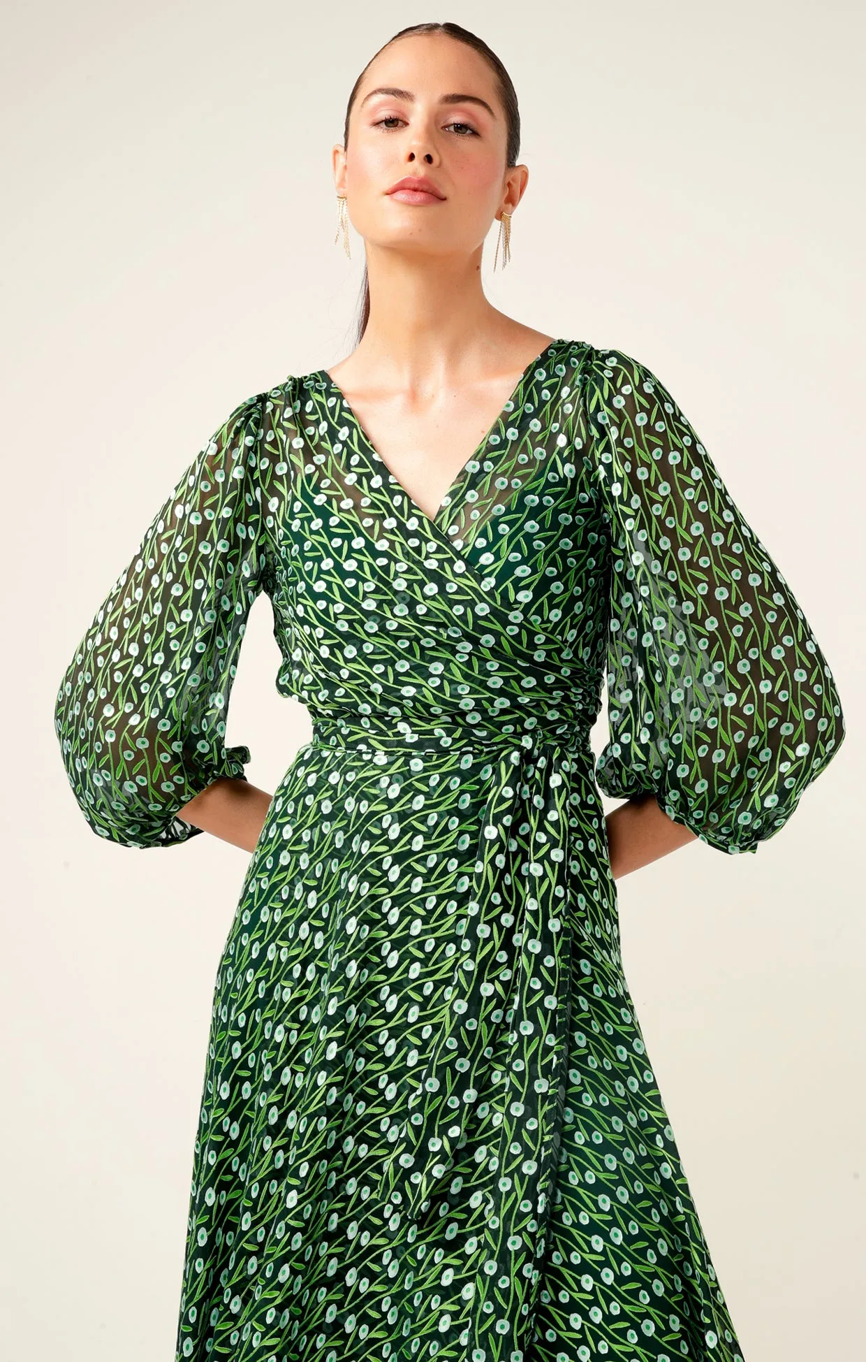 Sacha Drake Wonderland Wrap Midi in Emerald Poppy
