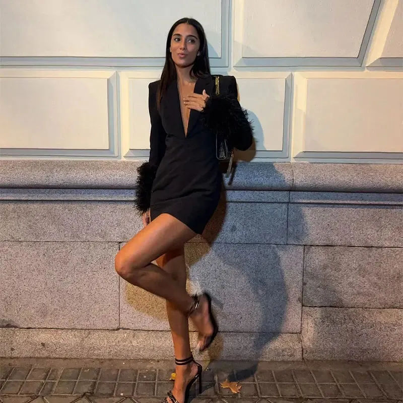 Sexy Black Deep V-neck Fringed Dress