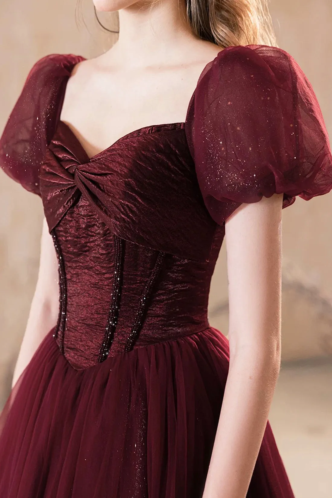Shiny Tulle Short Sleeves Floor Length Party Dress, A-Line Burgundy Prom Evening Dress