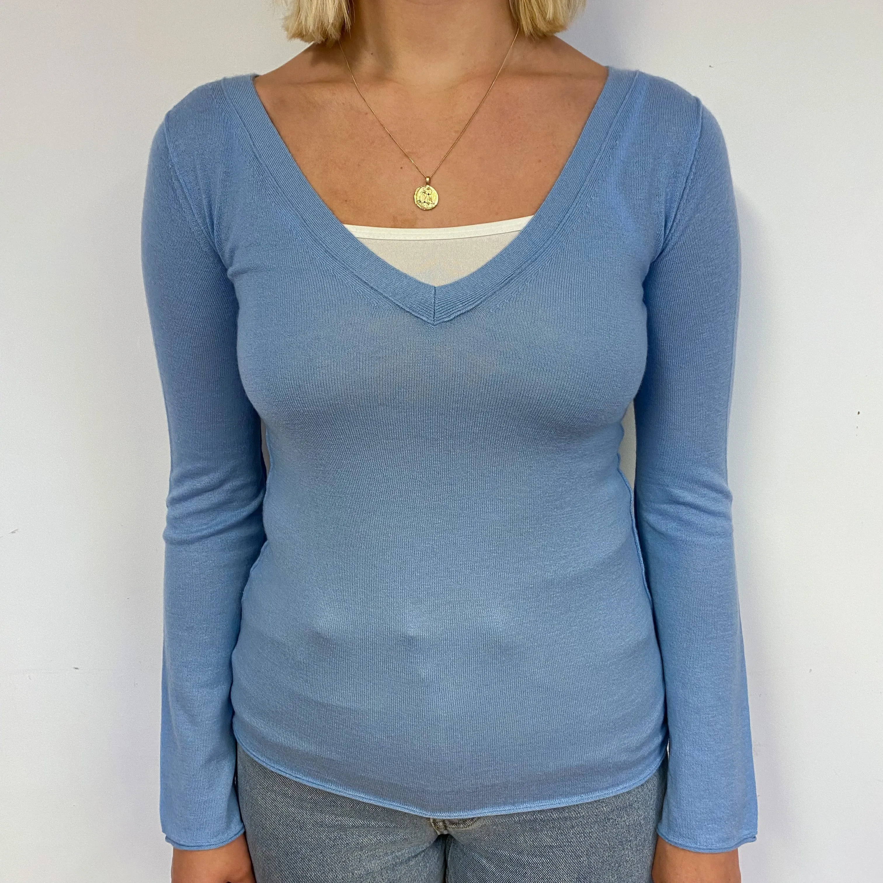 Sky Blue Fine Knit Cashmere V-Neck Jumper Small