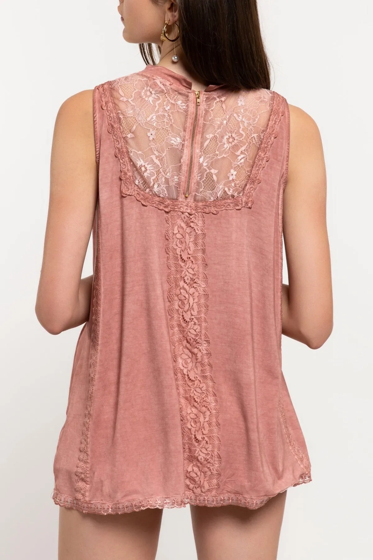 Suncatcher Mock-Neck Embroidered   Lace Sleeveless Rayon Jersey Top