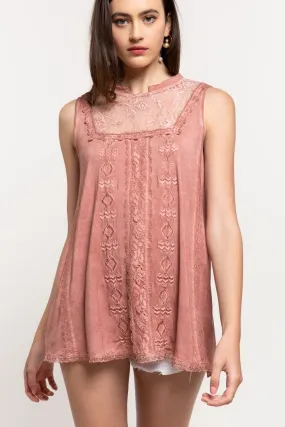 Suncatcher Mock-Neck Embroidered   Lace Sleeveless Rayon Jersey Top