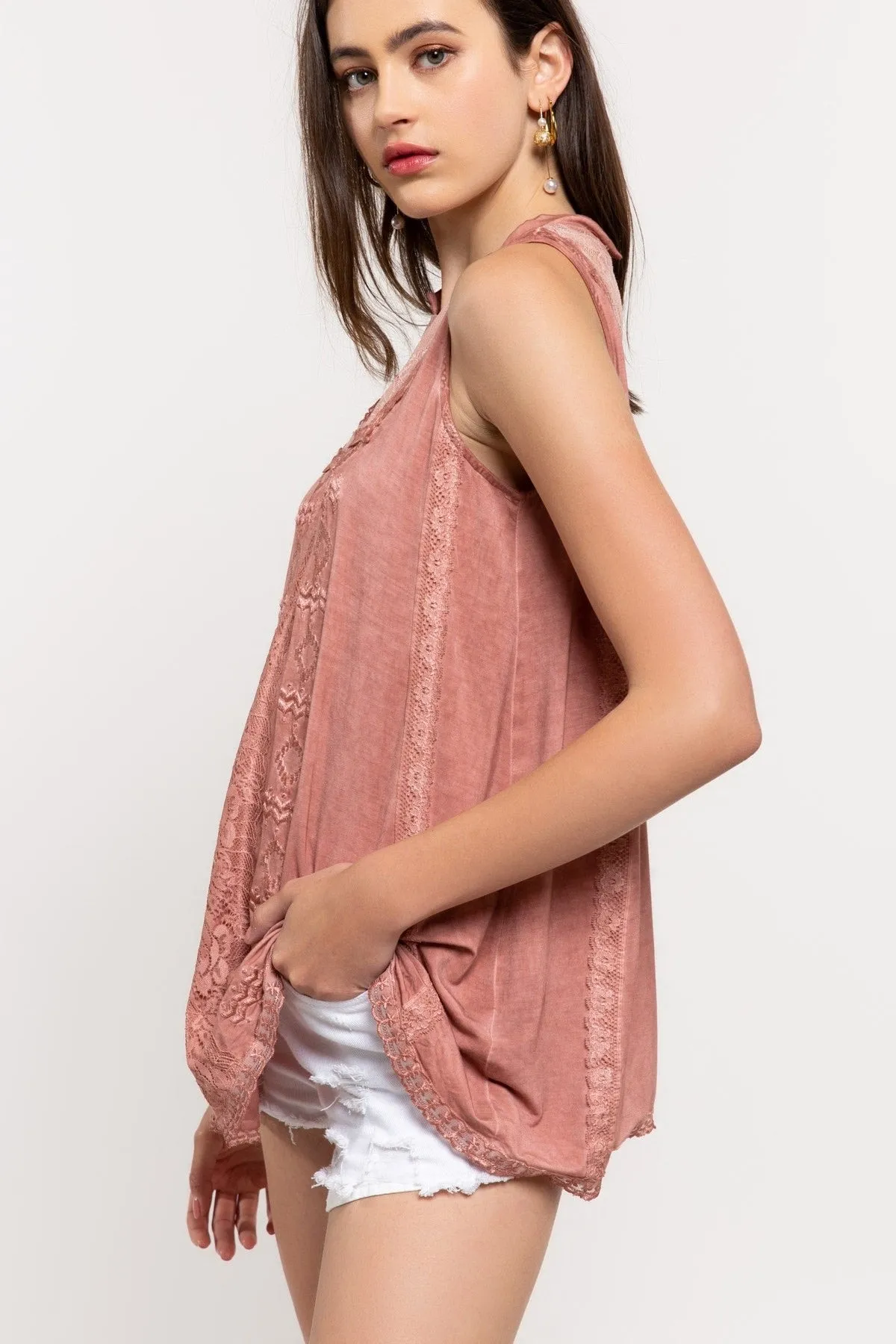 Suncatcher Mock-Neck Embroidered   Lace Sleeveless Rayon Jersey Top