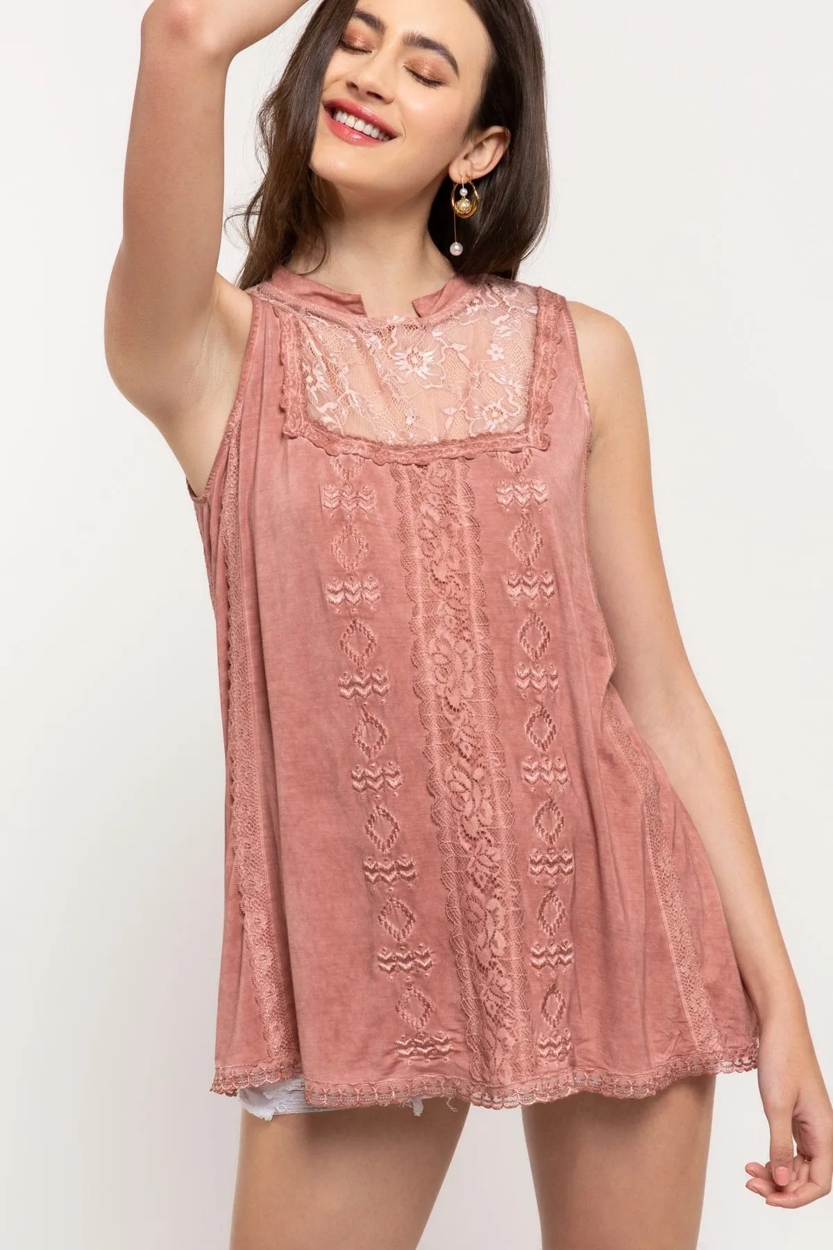 Suncatcher Mock-Neck Embroidered   Lace Sleeveless Rayon Jersey Top