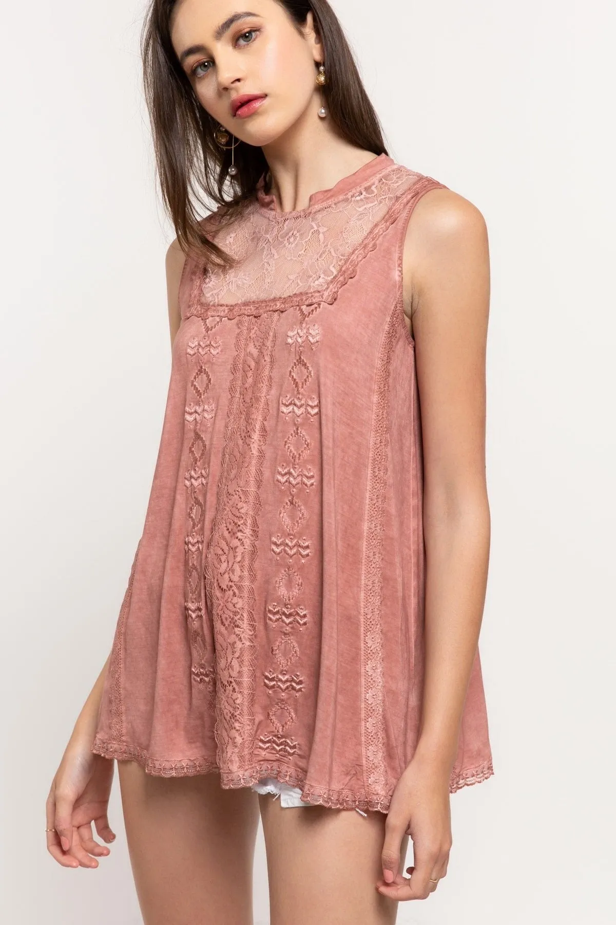 Suncatcher Mock-Neck Embroidered   Lace Sleeveless Rayon Jersey Top