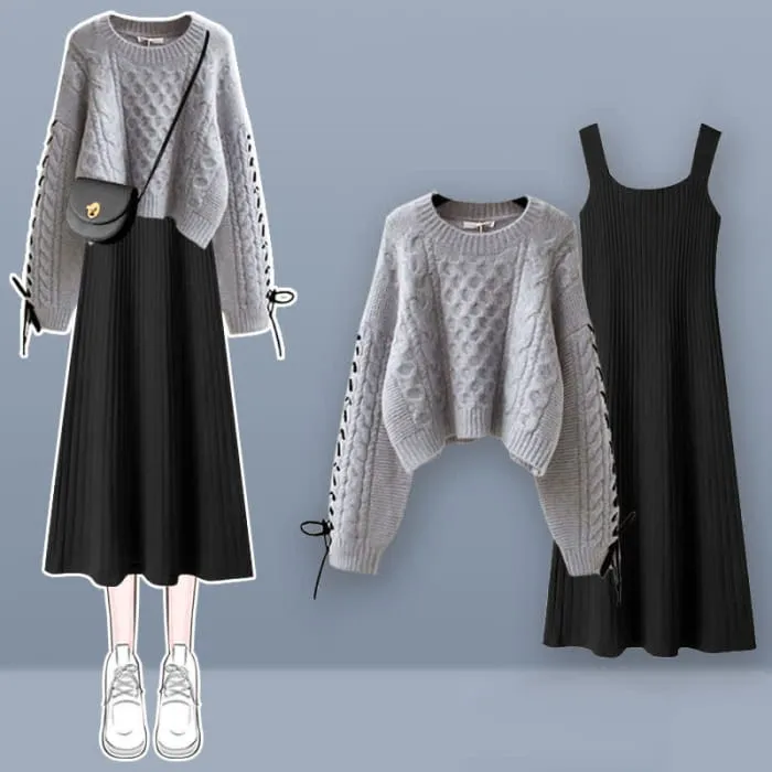 Sweet Cable Sweater Knit Slip Dress Set