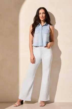 Tribal Cropped Sleeveless Denim Shirt With Frayed Hem