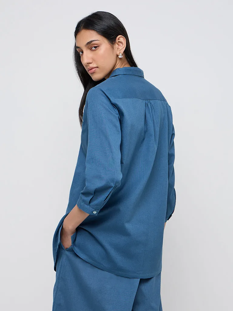 Utsa Blue Embroidered A-Line Cotton-Blend Tunic