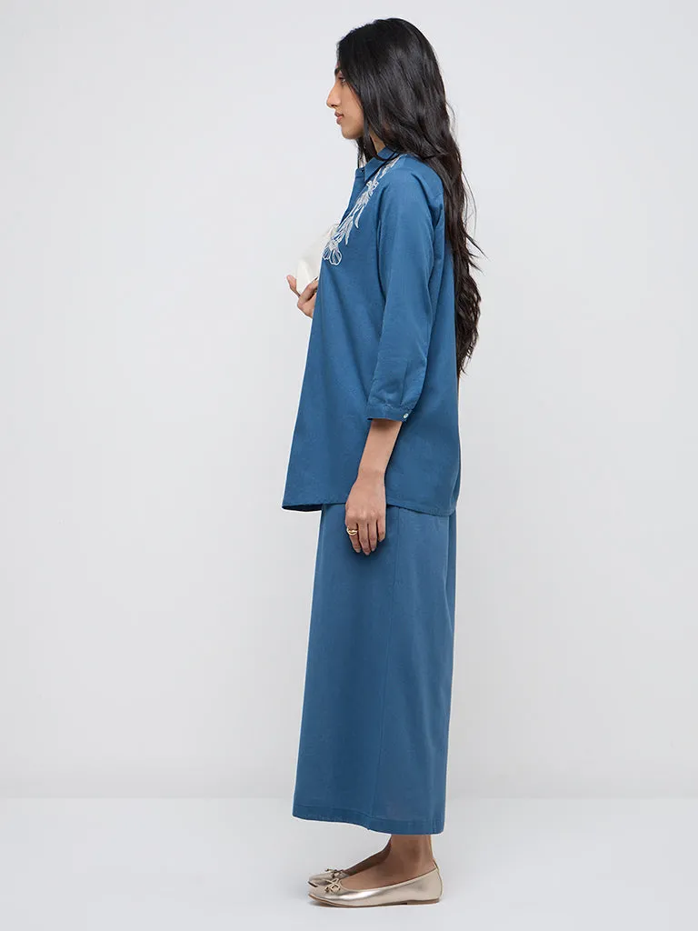 Utsa Blue Embroidered A-Line Cotton-Blend Tunic
