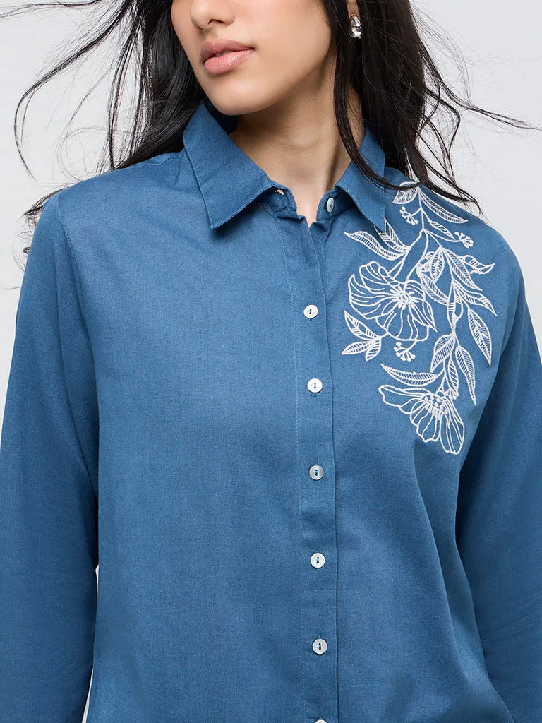 Utsa Blue Embroidered A-Line Cotton-Blend Tunic