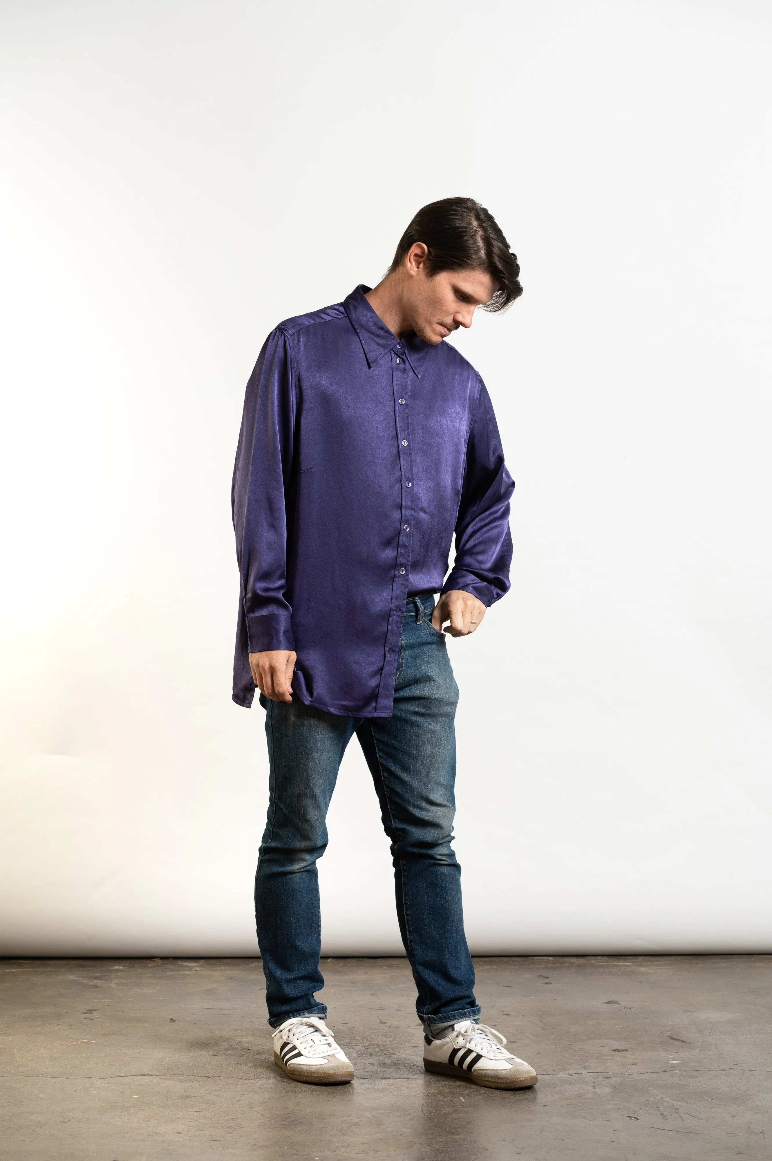 Vintage Purple Satin Button-Up Long Sleeve Shirt