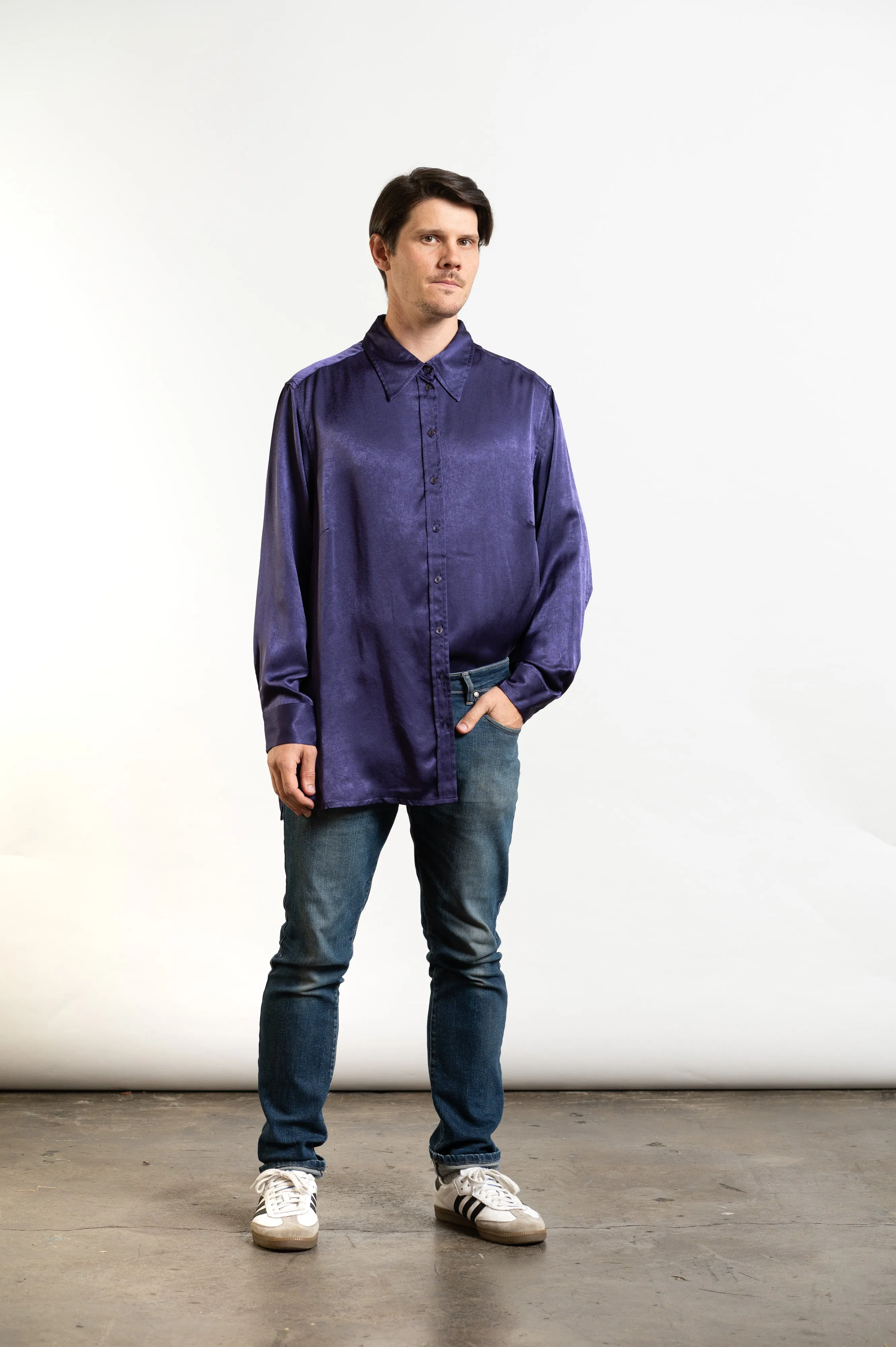 Vintage Purple Satin Button-Up Long Sleeve Shirt