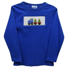 Vive La Fete Christmas Train Smocked Royal Knit Long Sleeve Boys T-Shirt