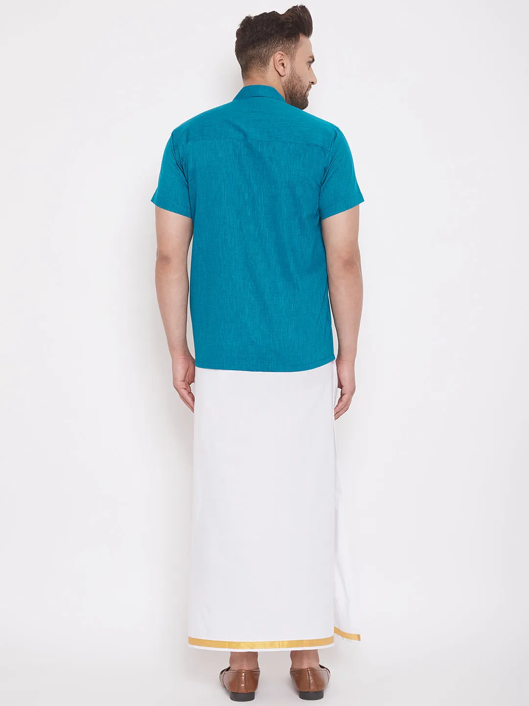 VM By VASTRAMAY Men's Turquoise and White Cotton Blend Shirt And Mundu Set