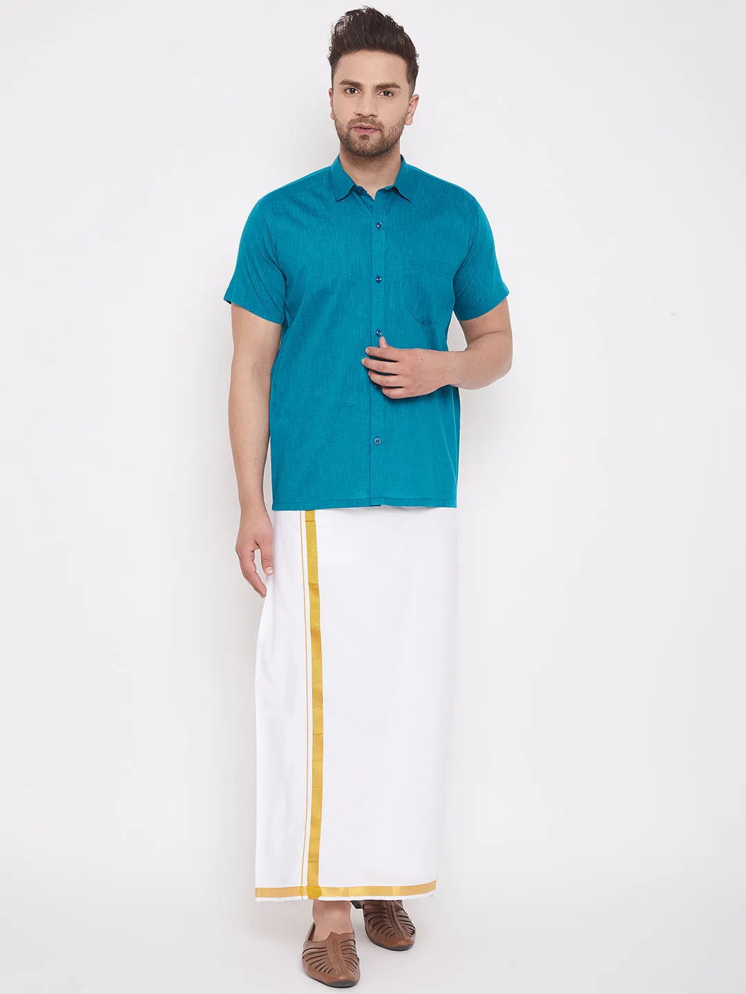 VM By VASTRAMAY Men's Turquoise and White Cotton Blend Shirt And Mundu Set