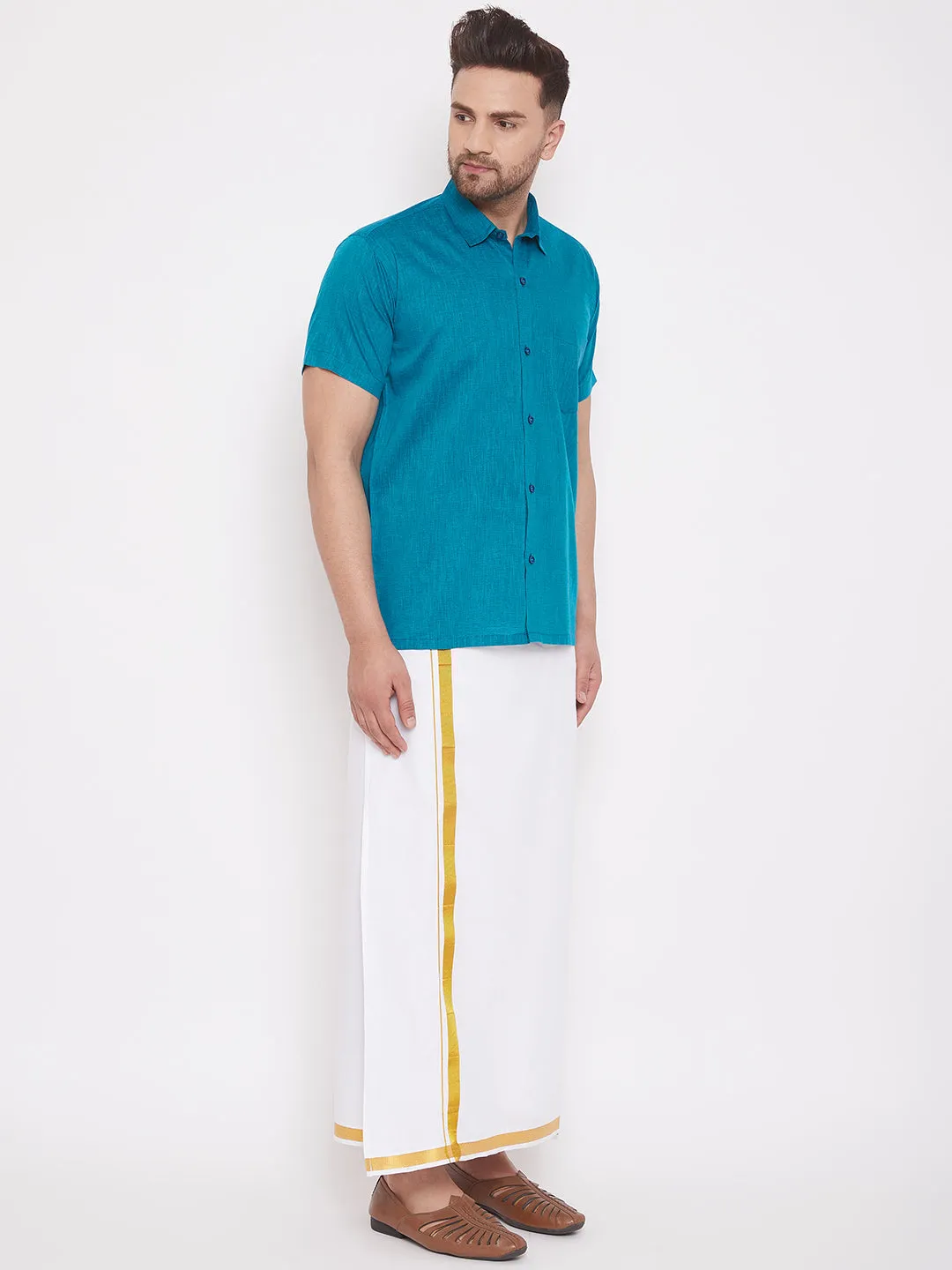VM By VASTRAMAY Men's Turquoise and White Cotton Blend Shirt And Mundu Set