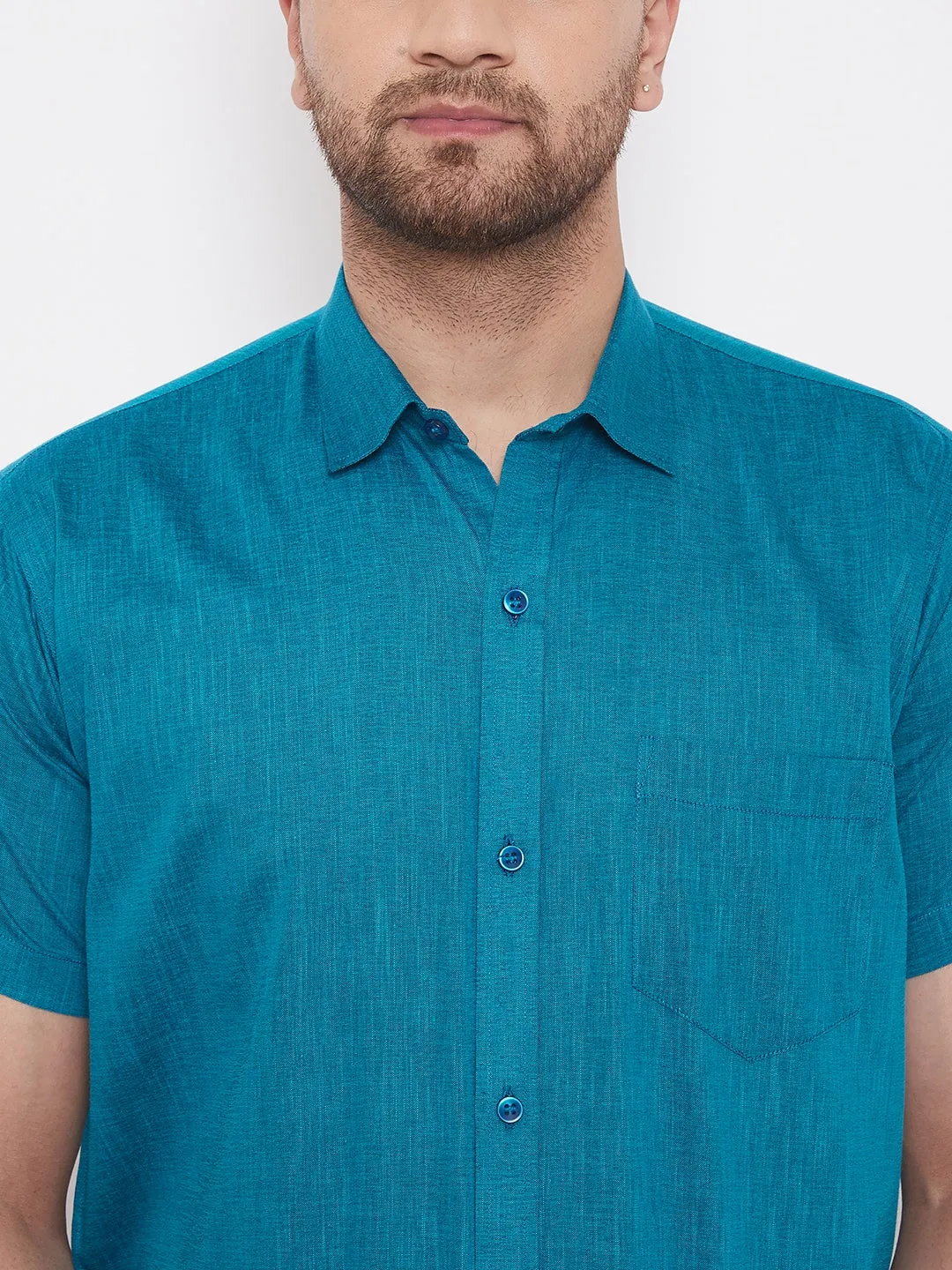 VM By VASTRAMAY Men's Turquoise and White Cotton Blend Shirt And Mundu Set