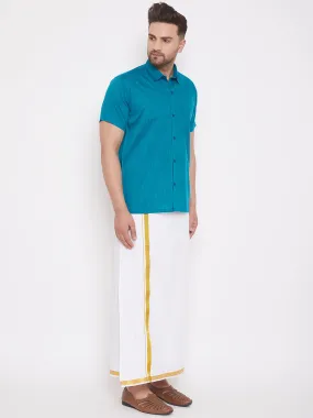 VM By VASTRAMAY Men's Turquoise and White Cotton Blend Shirt And Mundu Set