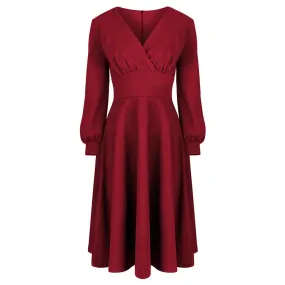 Wine Red Long Sleeve A Line Vintage Crossover Tea Swing Dress