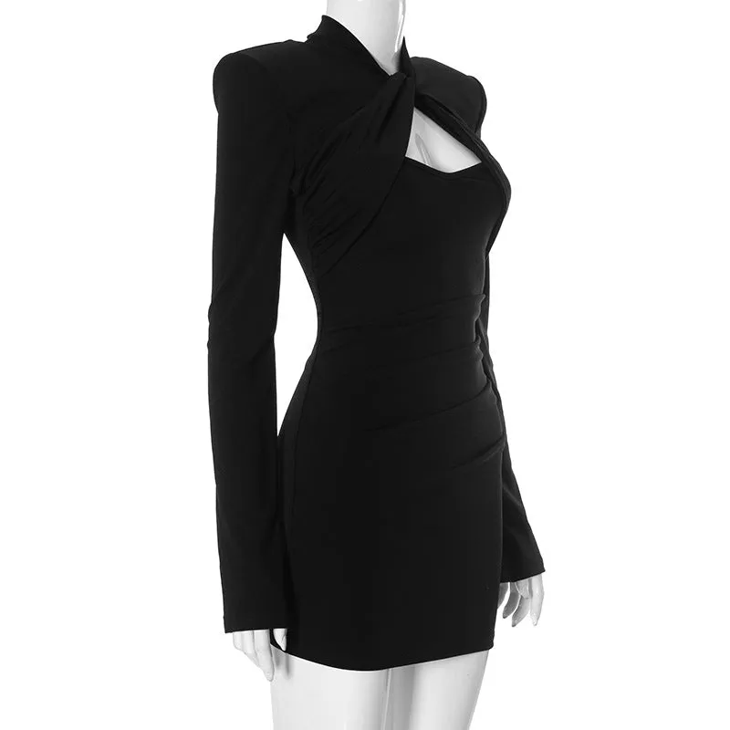 Women Twist Padded Shoulder Cutout dress