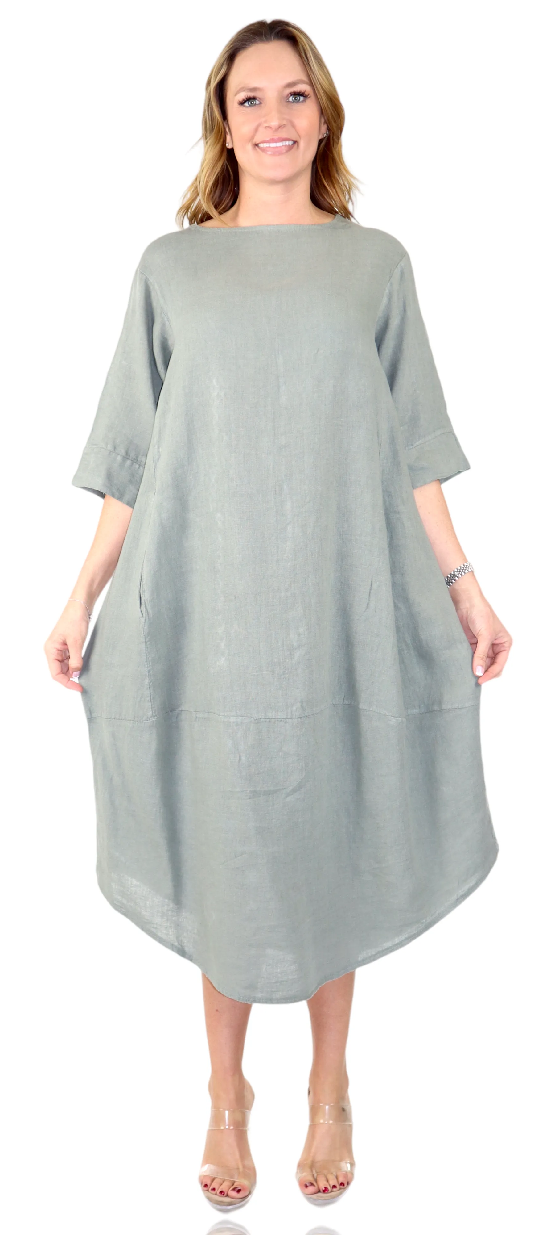 Womens 100% Pure Linen Breathable Boho Balloon Hem Dress w/ Side Pockets