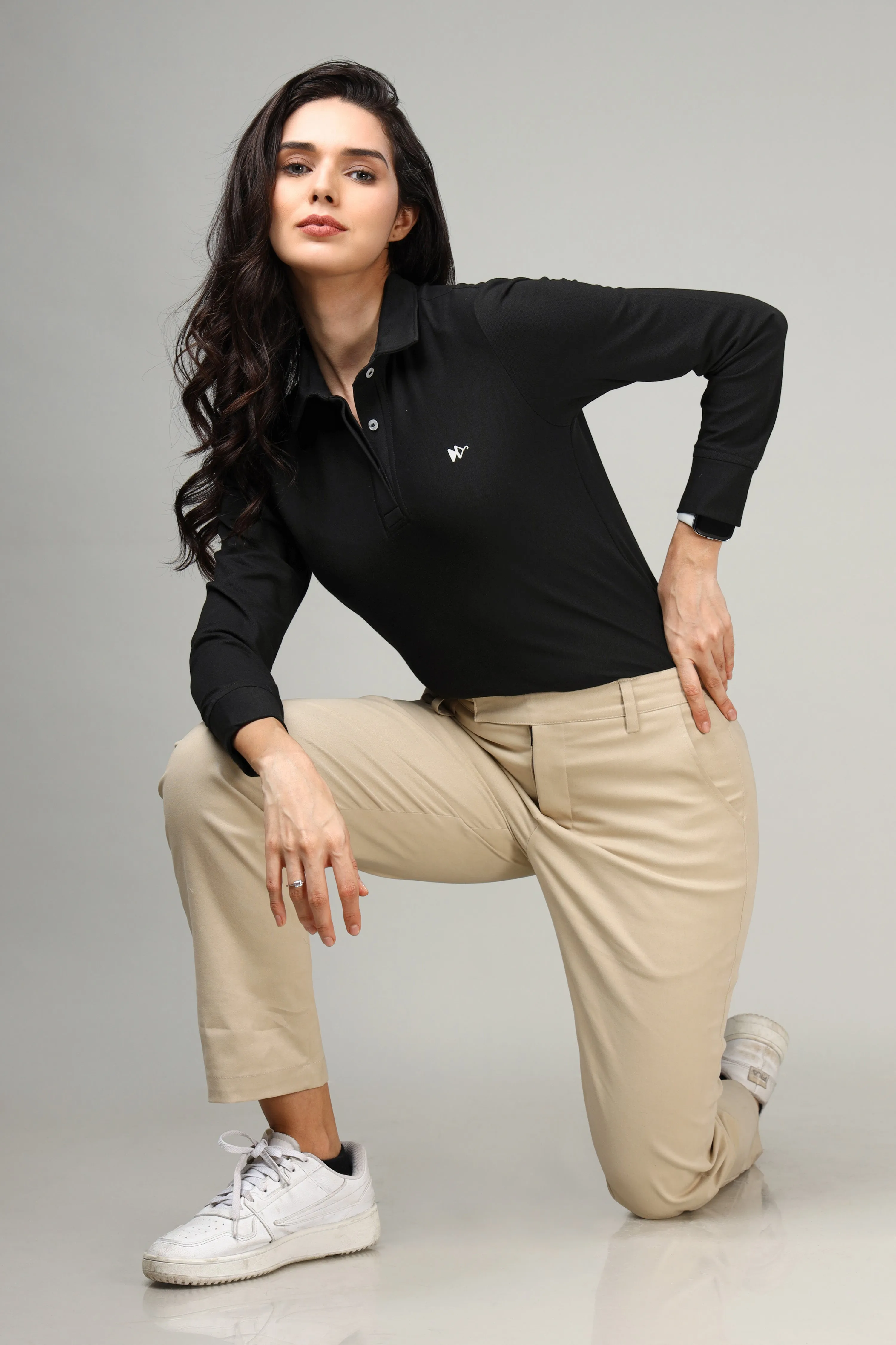 Women's Black Long Sleeve Polo T-Shirt