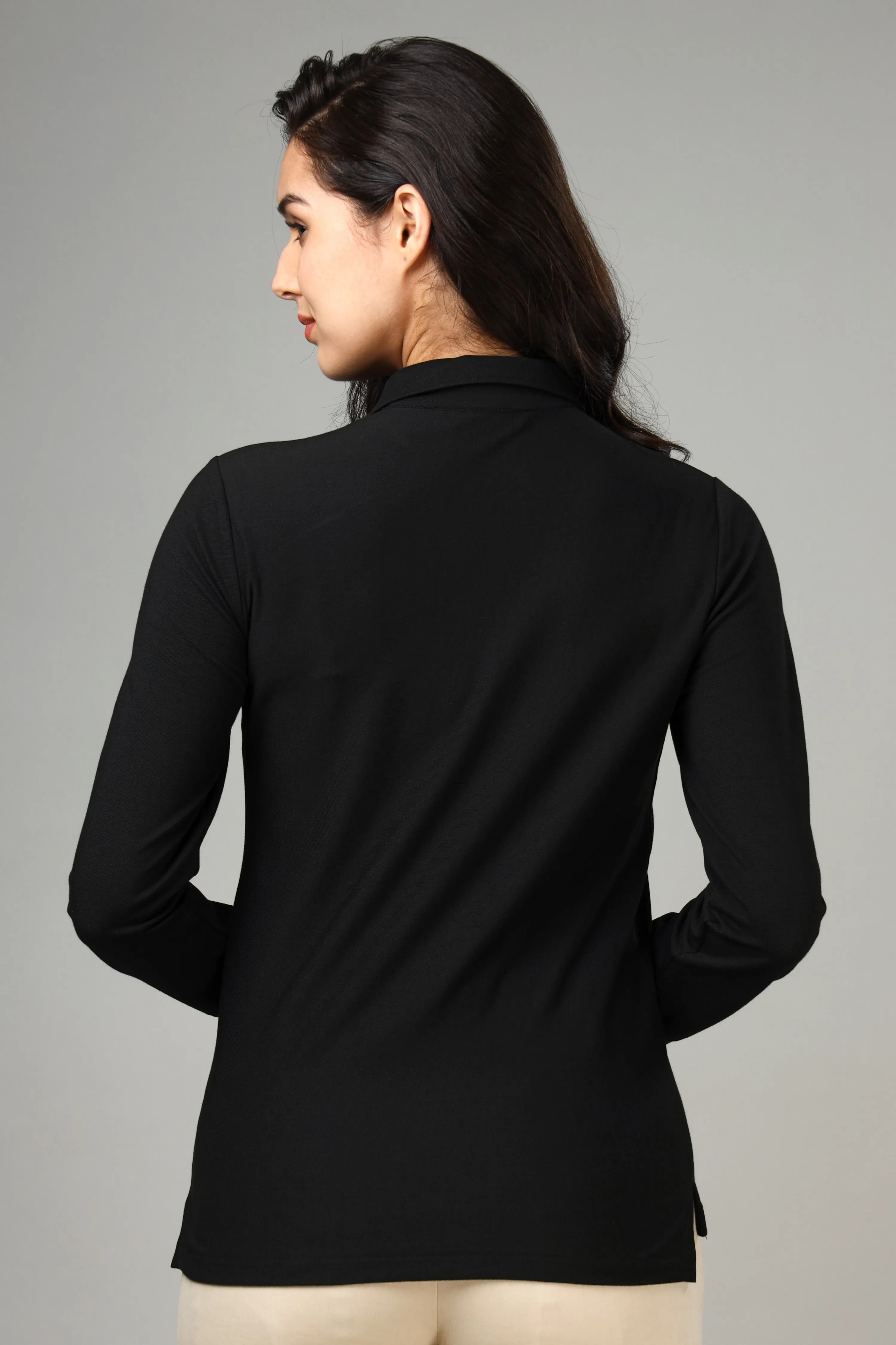 Women's Black Long Sleeve Polo T-Shirt