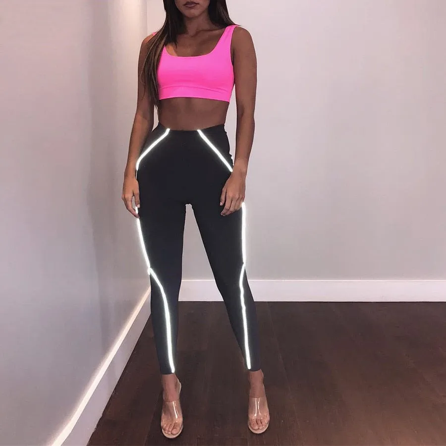 Women's Summer High-Waist Fitness Leggings With Reflective Straps