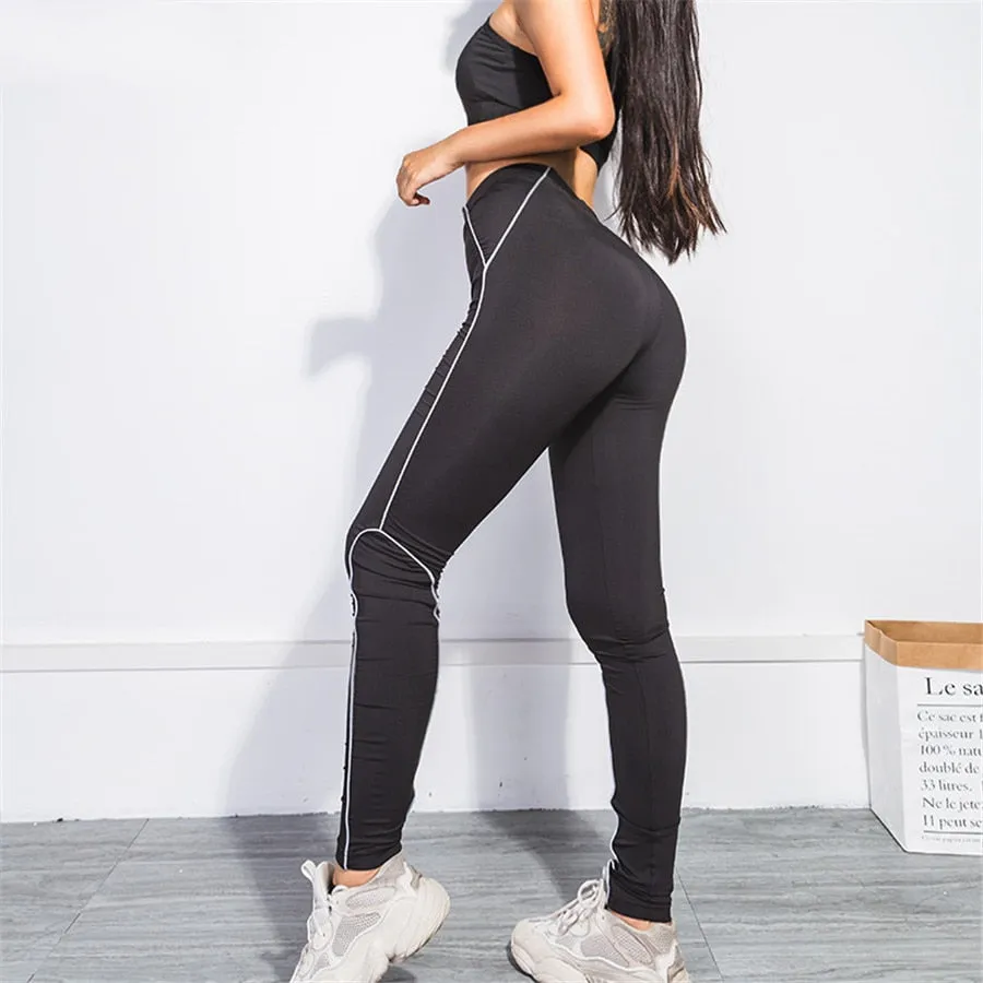 Women's Summer High-Waist Fitness Leggings With Reflective Straps
