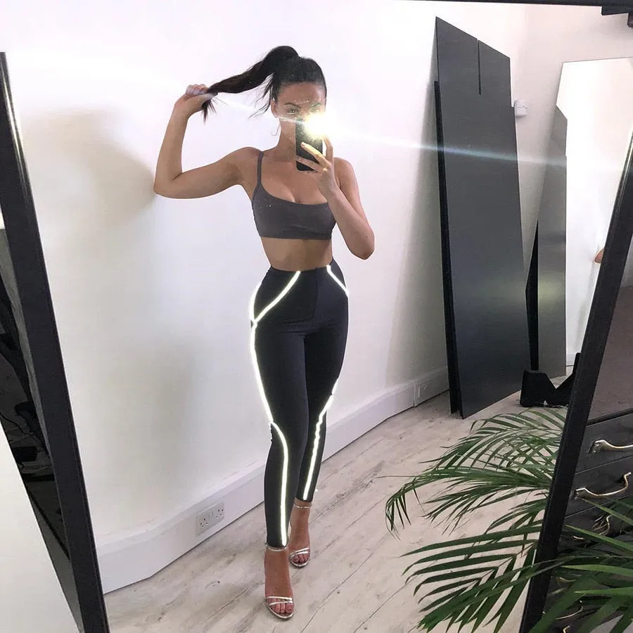 Women's Summer High-Waist Fitness Leggings With Reflective Straps