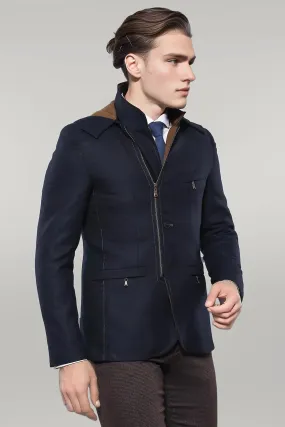 WSS 3 Pockets Hooded Zippered Wool Navy Blue Men Short Coat- - Singen