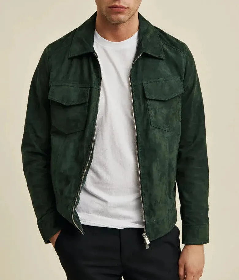 Xomi Green Leather Suede Jacket Men Biker Motorcycle