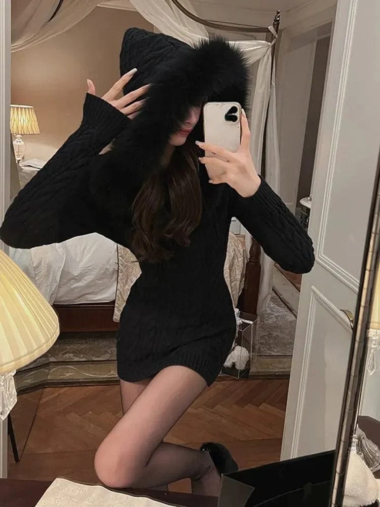 Zuri Hooded Fur Knit Dress